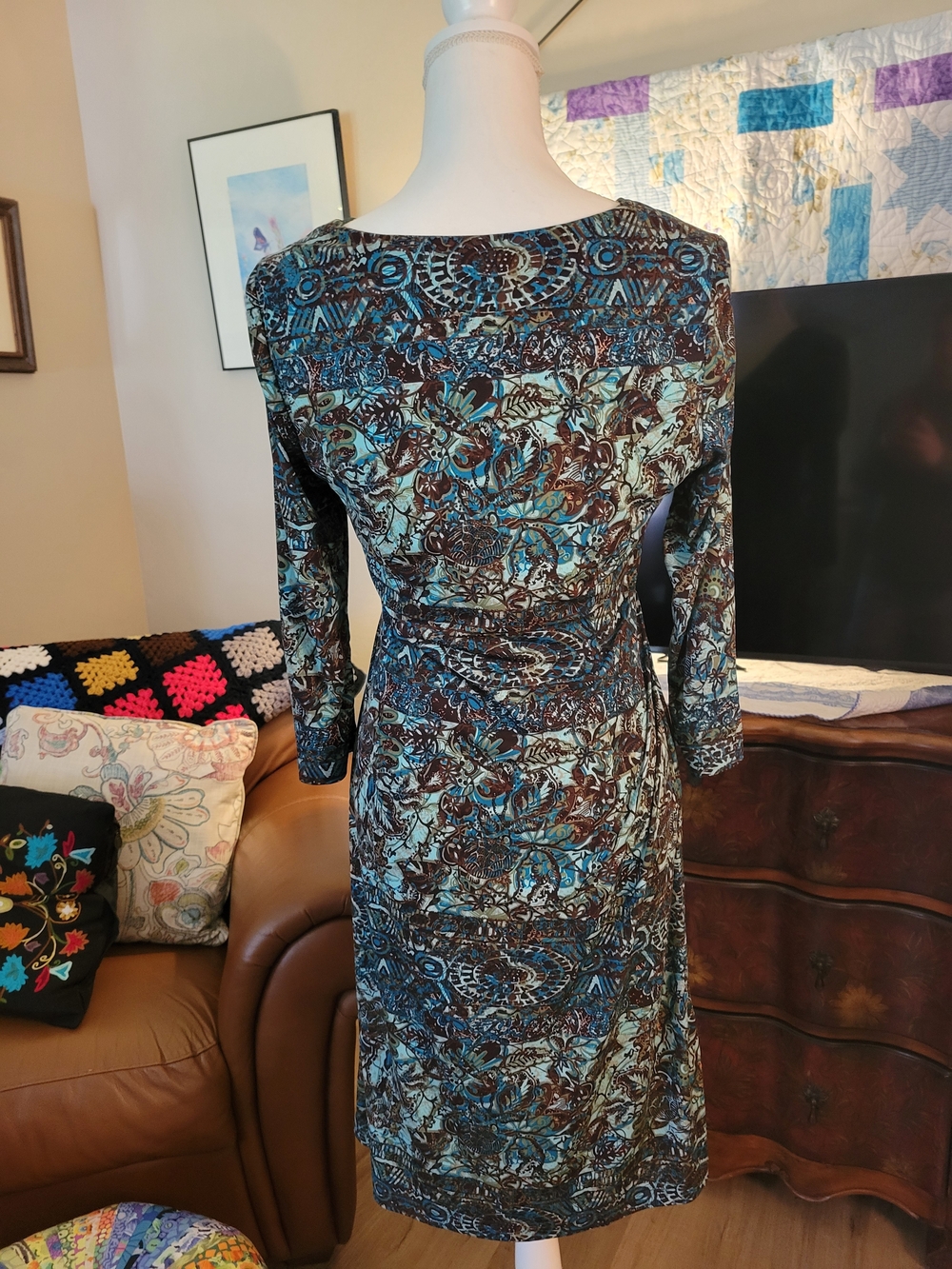 Coldwater Creek Teal and Brown Patterned V-Neck Long Sleeve Dress - Picture 5 of 5